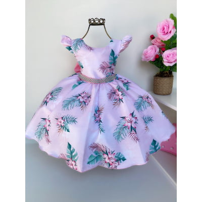 Vestido Infantil Rosa Ramos de Flores Luxo Festas