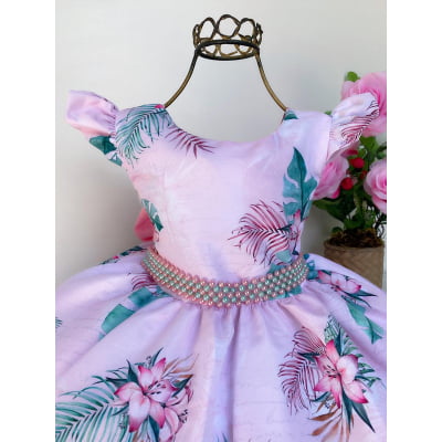 Vestido Infantil Rosa Ramos de Flores Luxo Festas