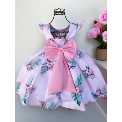 Vestido Infantil Rosa Ramos de Flores Luxo Festas