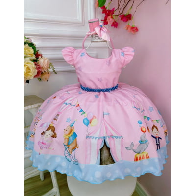 Vestido Infantil Rosa Turma do Circo Com Estrelas Festas