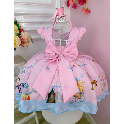 Vestido Infantil Rosa Turma do Circo Com Estrelas Festas