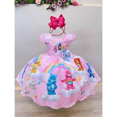 Vestido Infantil Rosa Ursinhos Carinhosos Festas Aniversários