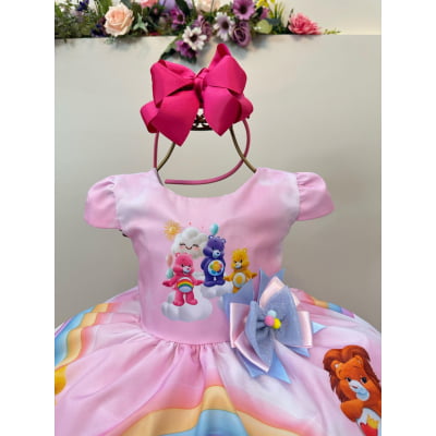 Vestido Infantil Rosa Ursinhos Carinhosos Festas Aniversários