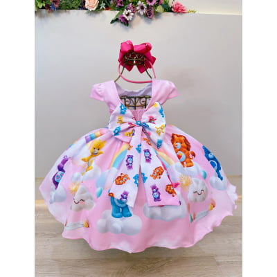 Vestido Infantil Rosa Ursinhos Carinhosos Festas Aniversários