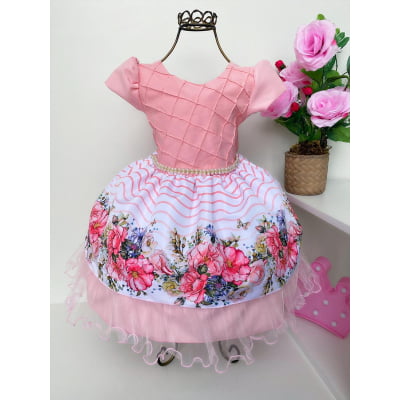 Vestido Infantil Salmão Floral Luxo Pérolas