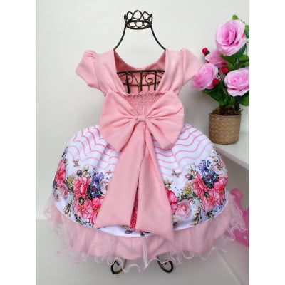 Vestido Infantil Salmão Floral Luxo Pérolas