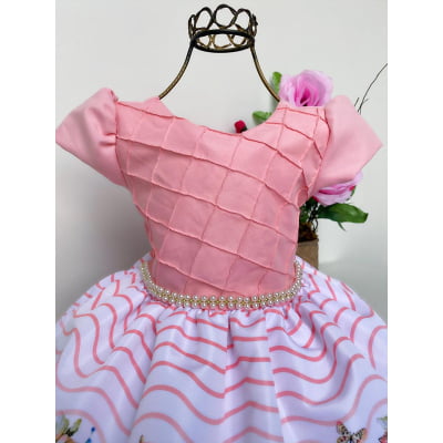 Vestido Infantil Salmão Floral Luxo Pérolas