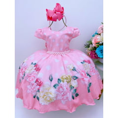 Vestido Infantil Salmão Floral Poá Luxo Floristas Festas