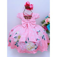 Vestido Infantil Salmão Floral Poá Luxo Floristas Festas