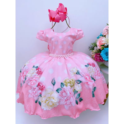 Vestido Infantil Salmão Floral Poá Luxo Floristas Festas