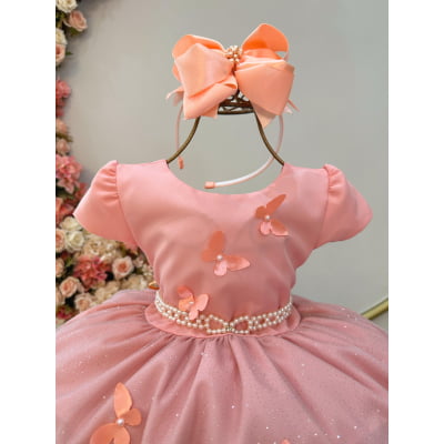 Vestido Infantil Salmão Jardim Encantado Festas Luxo