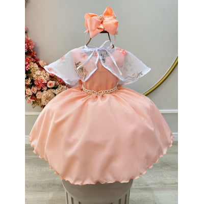 Vestido Infantil Salmão Luxo C/ Echarpe Infantil Florida