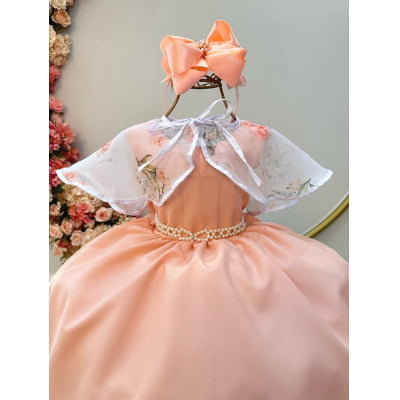 Vestido Infantil Salmão Luxo C/ Echarpe Infantil Florida