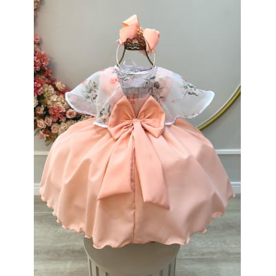Vestido Infantil Salmão Luxo C/ Echarpe Infantil Florida