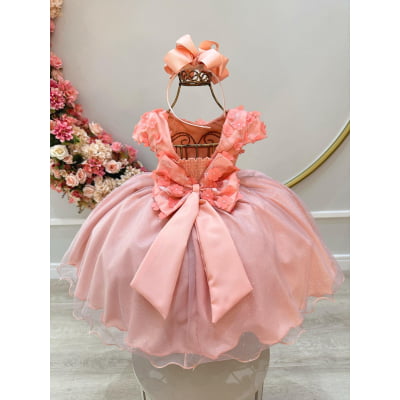 Vestido Infantil Salmão Saia C/ Glitter e Apliques de Flores