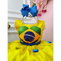 Vestido Infantil Temático Amarelo e Azul Brasil C/ Pérolas