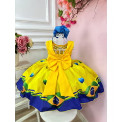 Vestido Infantil Temático Amarelo e Azul Brasil C/ Pérolas