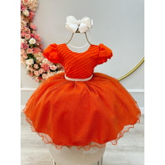 Vestido Infantil Terracota Busto Plissado Com Pérolas Luxo