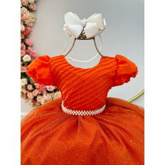 Vestido Infantil Terracota Busto Plissado Com Pérolas Luxo