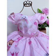 Vestido Infantil Ursinho Luxo Rosa Princesas Festa Perolás