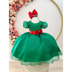 Vestido Infantil Verde C/ Busto Plissado e Broche Natal Festa