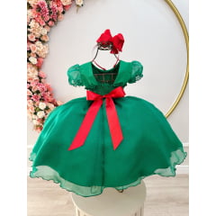 Vestido Infantil Verde C/ Busto Plissado e Broche Natal Festa