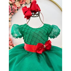 Vestido Infantil Verde C/ Busto Plissado e Broche Natal Festa