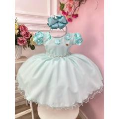 Vestido Infantil Verde Claro Com Apliques de Flores Daminha