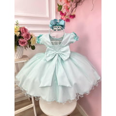 Vestido Infantil Verde Claro Com Apliques de Flores Daminha