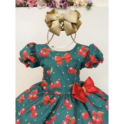 Vestido Infantil Verde Estampa Cereja Broche Daminhas Festas