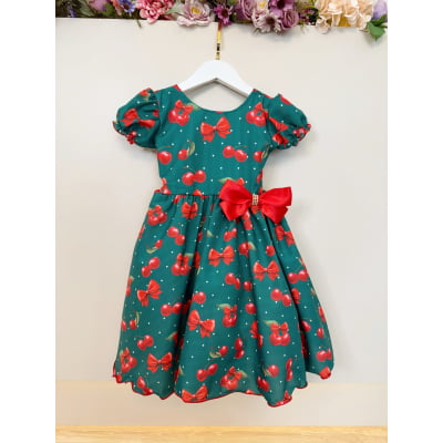 Vestido Infantil Verde Estampa Cereja Broche Daminhas Festas