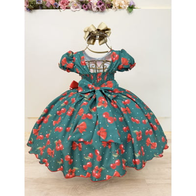 Vestido Infantil Verde Estampa Cereja Broche Daminhas Festas