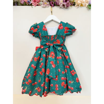 Vestido Infantil Verde Estampa Cereja Broche Daminhas Festas