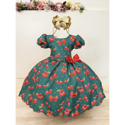 Vestido Infantil Verde Estampa Cereja Broche Daminhas Festas