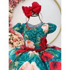 Vestido Infantil Verde Florido Com Cinto de Pérolas Natal