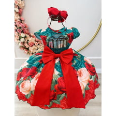 Vestido Infantil Verde Florido Com Cinto de Pérolas Natal