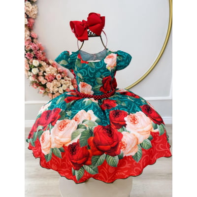 Vestido Infantil Verde Florido Com Cinto de Pérolas Natal