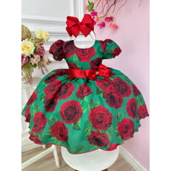 Vestido Infantil Verde Florido de Rosas Natal Festas Luxo