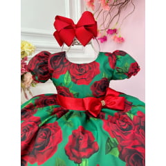 Vestido Infantil Verde Florido de Rosas Natal Festas Luxo