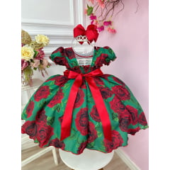 Vestido Infantil Verde Florido de Rosas Natal Festas Luxo