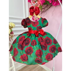 Vestido Infantil Verde Florido de Rosas Natal Festas Luxo