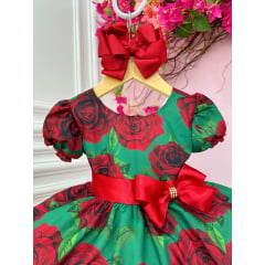 Vestido Infantil Verde Florido de Rosas Natal Festas Luxo