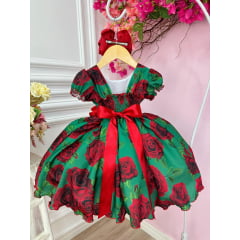 Vestido Infantil Verde Florido de Rosas Natal Festas Luxo