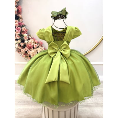 Vestido Infantil Verde Oliva Busto Nervura Festas Daminhas