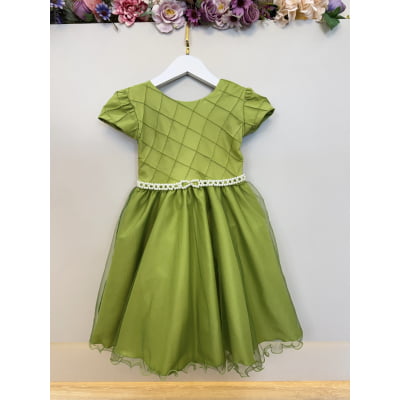 Vestido Infantil Verde Oliva Busto Nervura Festas Daminhas