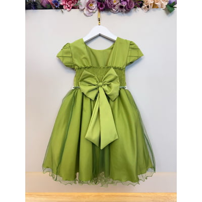 Vestido Infantil Verde Oliva Busto Nervura Festas Daminhas