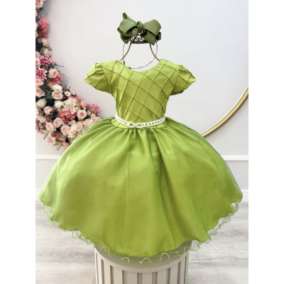 Vestido Infantil Verde Oliva Busto Nervura Festas Daminhas
