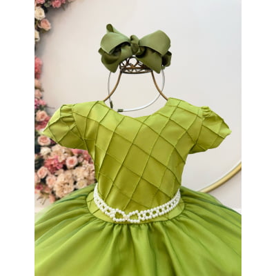 Vestido Infantil Verde Oliva Busto Nervura Festas Daminhas