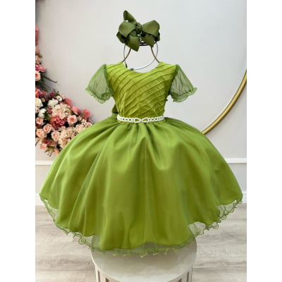 Vestido Infantil Verde Oliva C/ Busto Plissado Daminhas Vestido Infantil Verde Oliva C/ Busto Plissado Daminhas