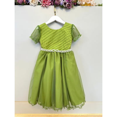 Vestido Infantil Verde Oliva C/ Busto Plissado Daminhas